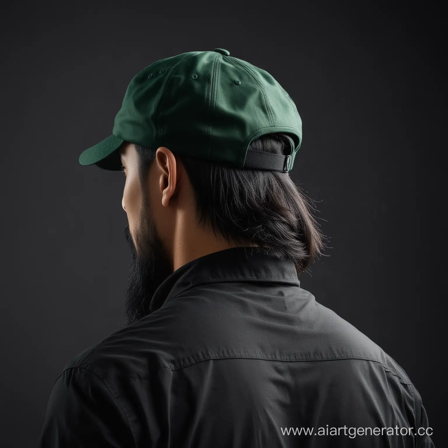 Rear view of a medium size designer bearded Asian man with a black in dark green docker cap at work, all in black colors