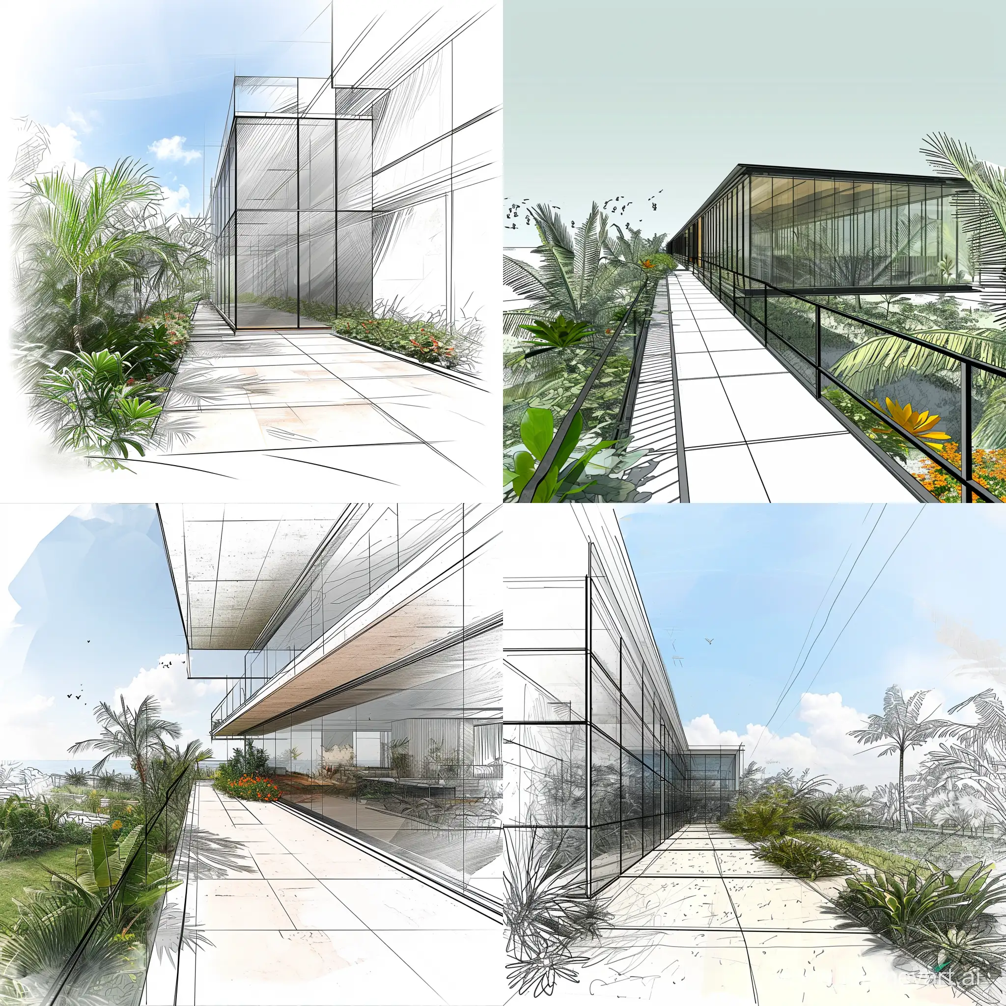 3D sketch of a linear building one floor height with a beatiful glass facade facing some plants and green area