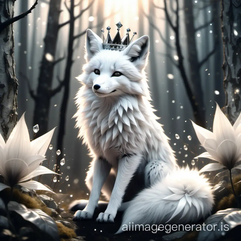 white fox, sitting in a sunny forest, fluffy tail, crown, crystal, diamond, muted tones, gray, white, black, glowing, stars, flowers, vector graphics, HD, fantasy realism, realistic, fantasy, detailing, fur
