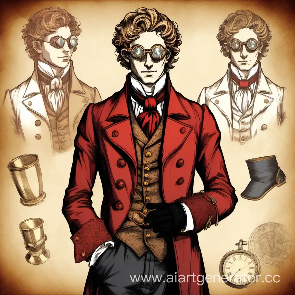 Make a portrait of an itinerant inventor of the 18th century. as in D&D, in a white coat. In a brown suit and with a red jacket and a white tie, he looks 20 years old. Also add black gloves. Also make the image itself look like it was drawn very beautifully. Make a few more hand gestures. And he has Goggle steampunk glasses. He also has light brown hair and they are of the "British" style