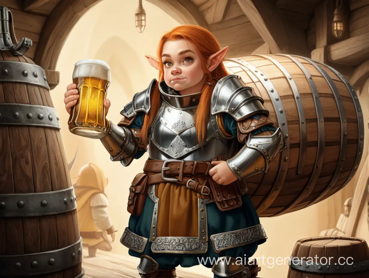Девушка дворф в броне держит бочку пива