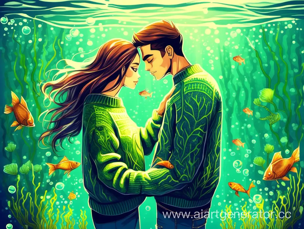 Romantic-Underwater-Encounter-SweaterClad-Girl-and-Young-Man-Amidst-Vibrant-Marine-Life