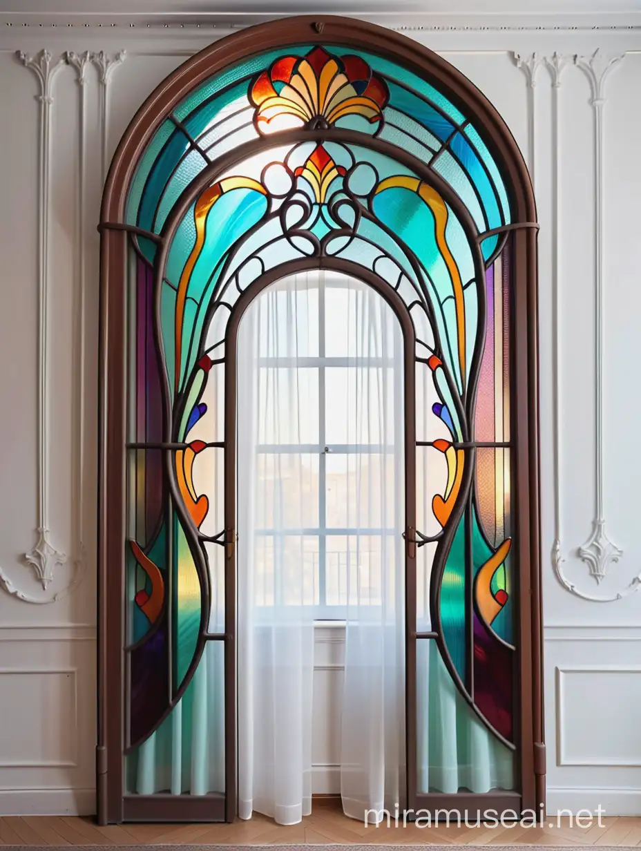 витражная перегородка тиффани, в стиле ар нуво, из цветного стекла на фоне штор из белой органзы