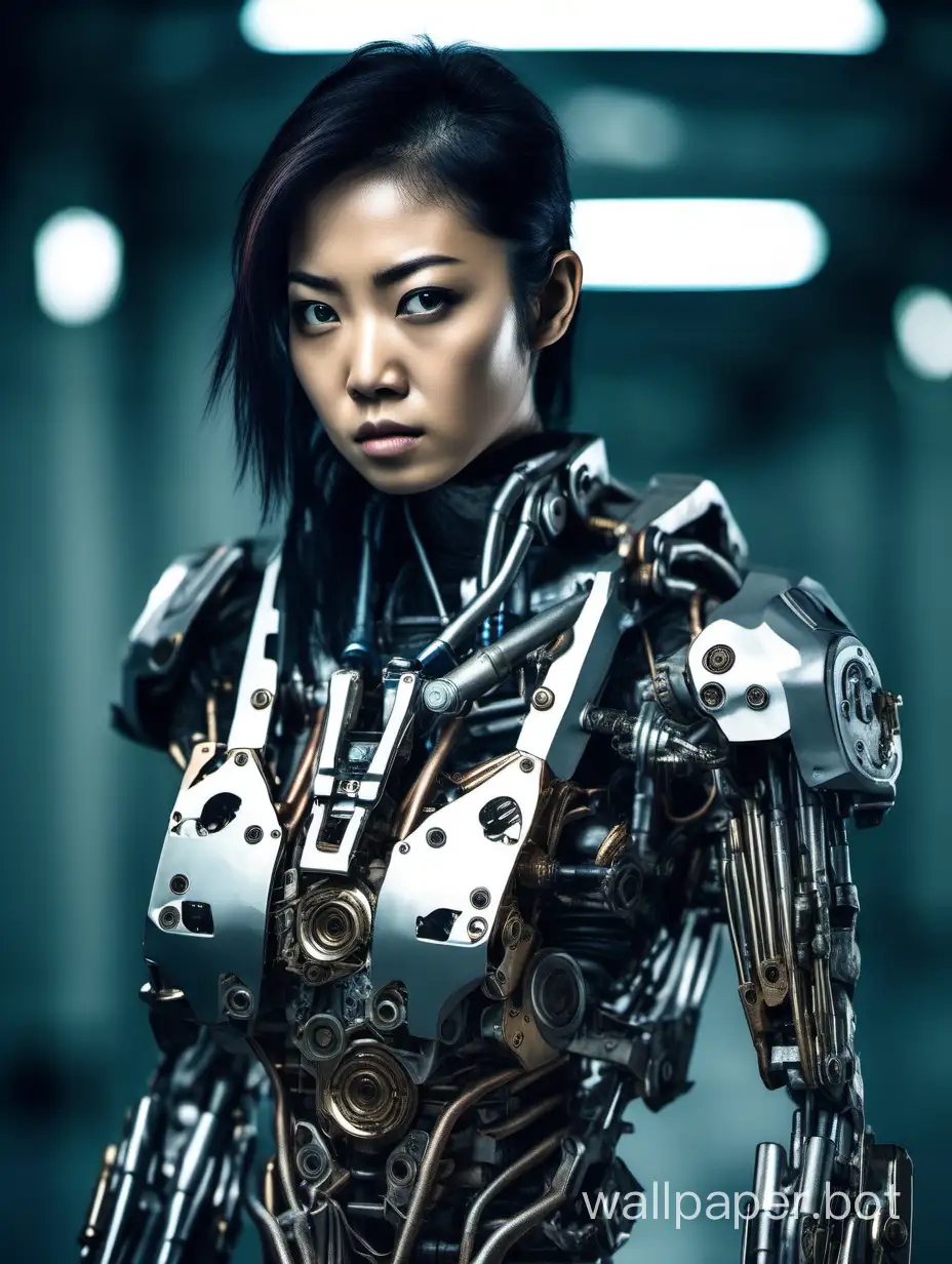 A detailed photograph of a beautiful 25 year old asian female terminator style cyborg looking directly at the camera, full body view
