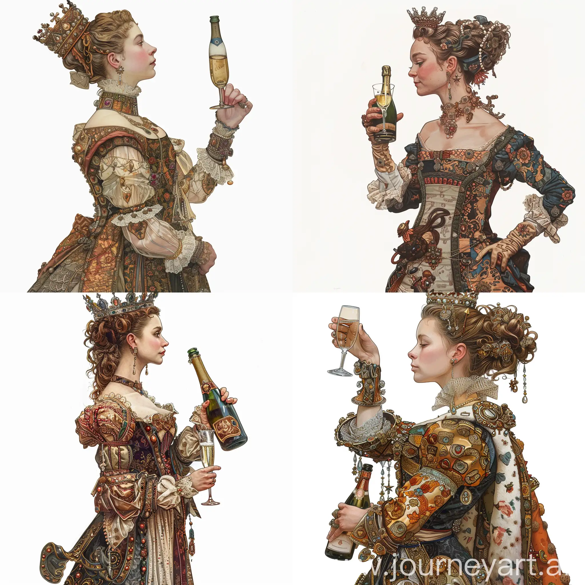 The queen of ancient England in profile, waist-high portrait, with a crown on her head, looking straight, in antique ornate, exquisite clothes, holding a glass glass with champagne at chin level, the other arm bent at the elbow and holding a bottle, complex colors, illustration, on a white background, Arthur Wrexham style