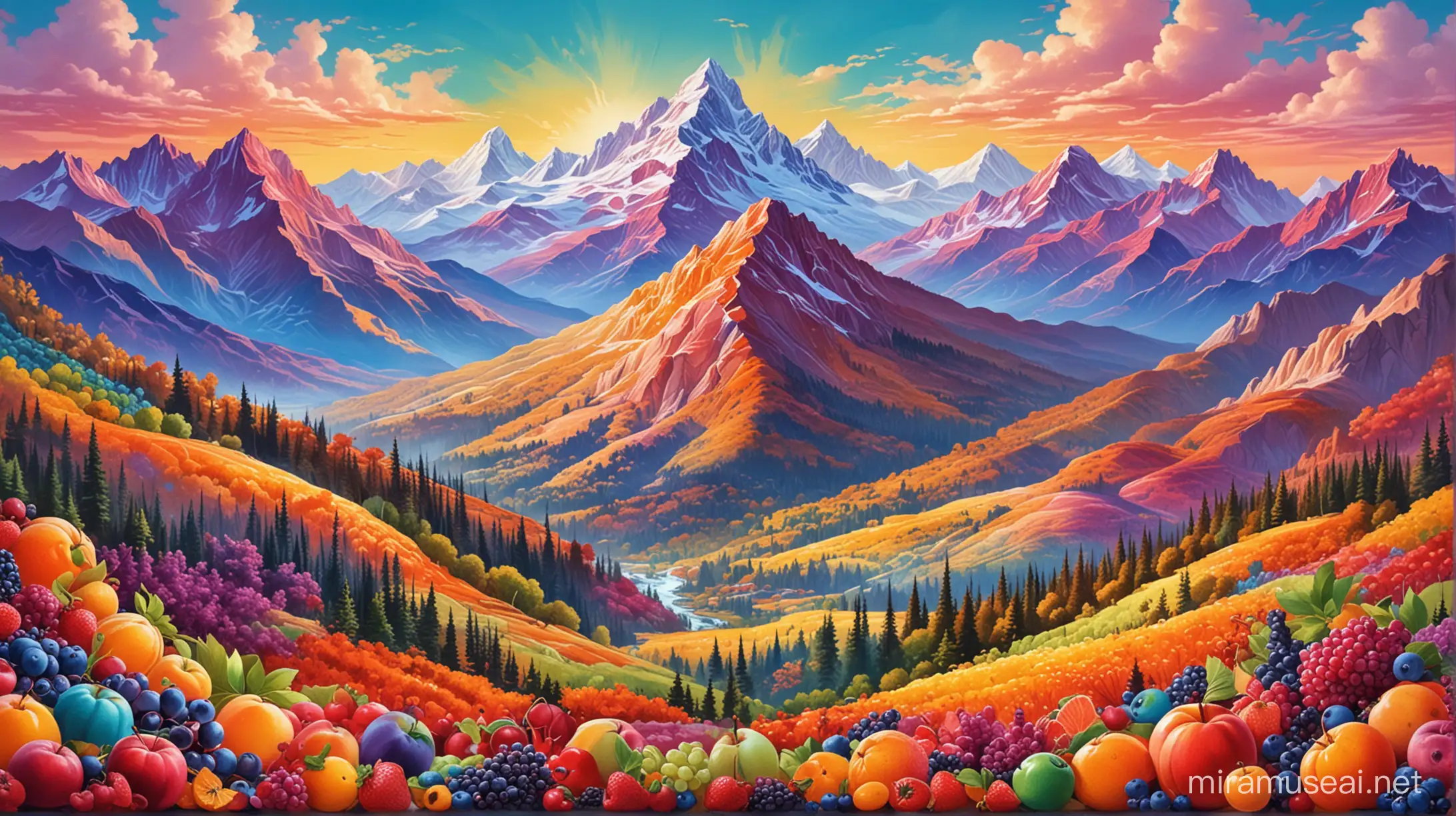 Vibrant Fruit Painting Colorful Fantasy Mountains with Delightful Treats