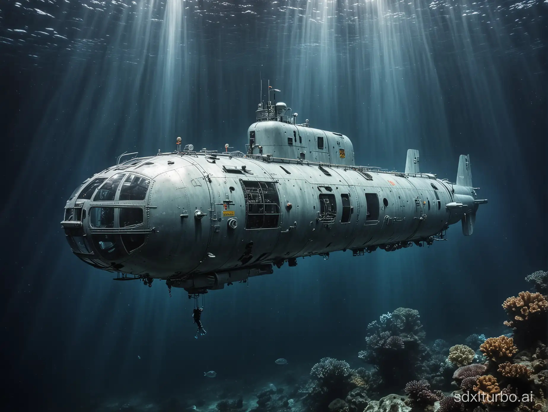 蛟龙号潜水艇在深海里科技画

