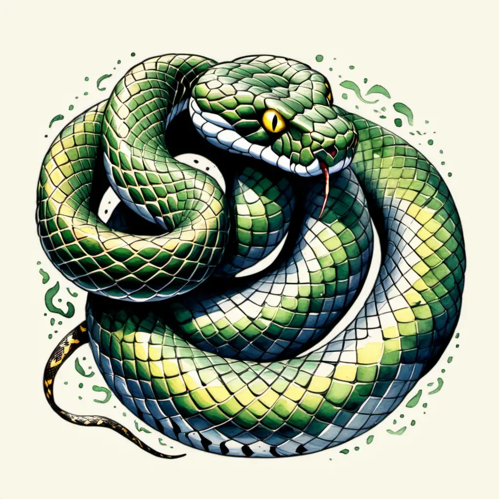 Elegant Snake Illustration in Graphic Style with Pen Split Ink Drawing Watercolor