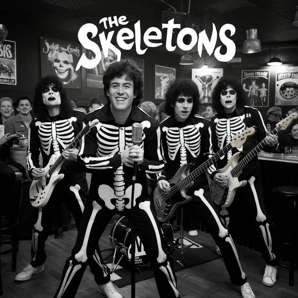 1980s four different men in skeleton suits playing rock and roll music in a bar, words THE SKELETONS