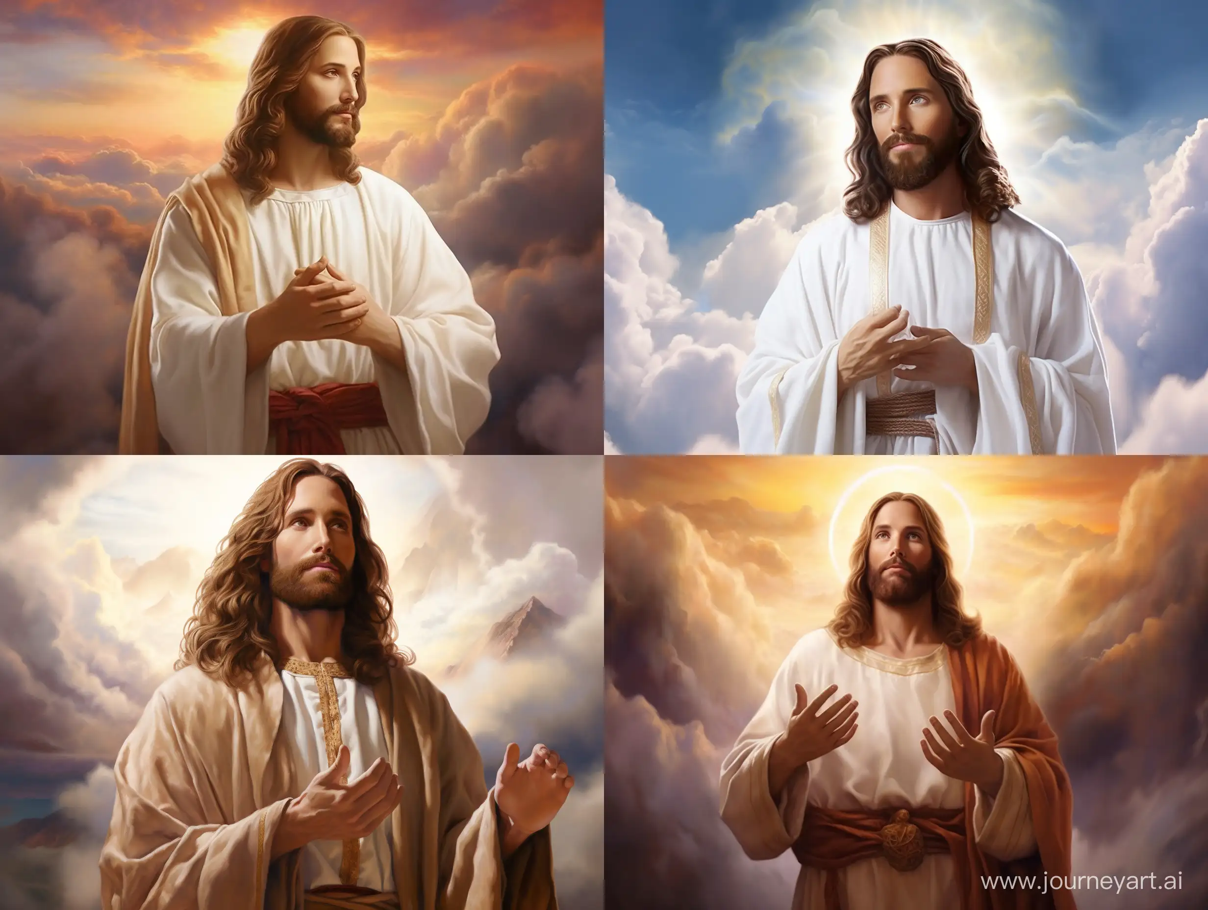 Divine-Moment-Jesus-Christ-Gazing-Amidst-Clouds-with-Heartfelt-Gesture