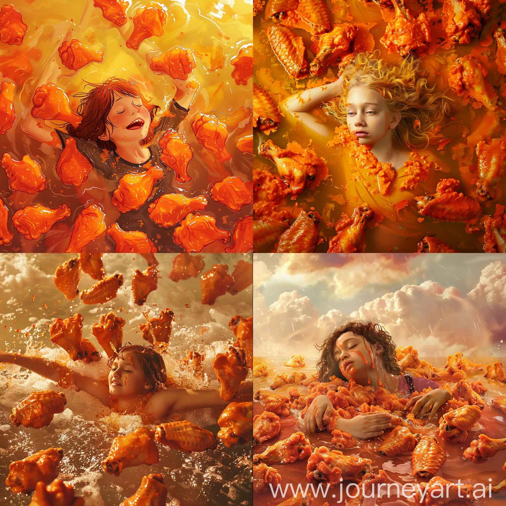 A girl drowning in a sea of buffalo chicken wings