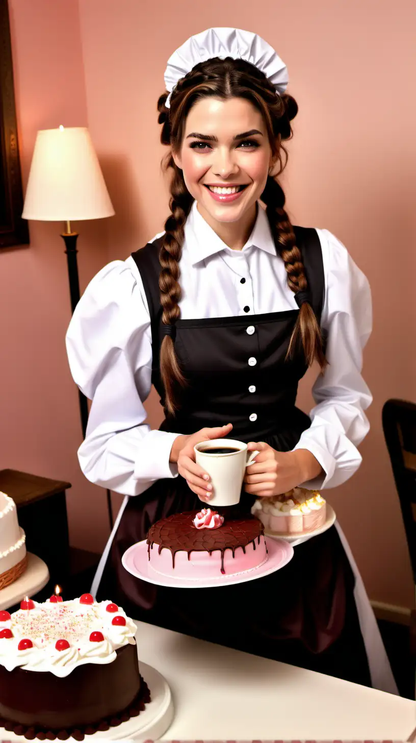 Smiling Amelia Heinle in Student Room with Coffee Background and Birthday Cake