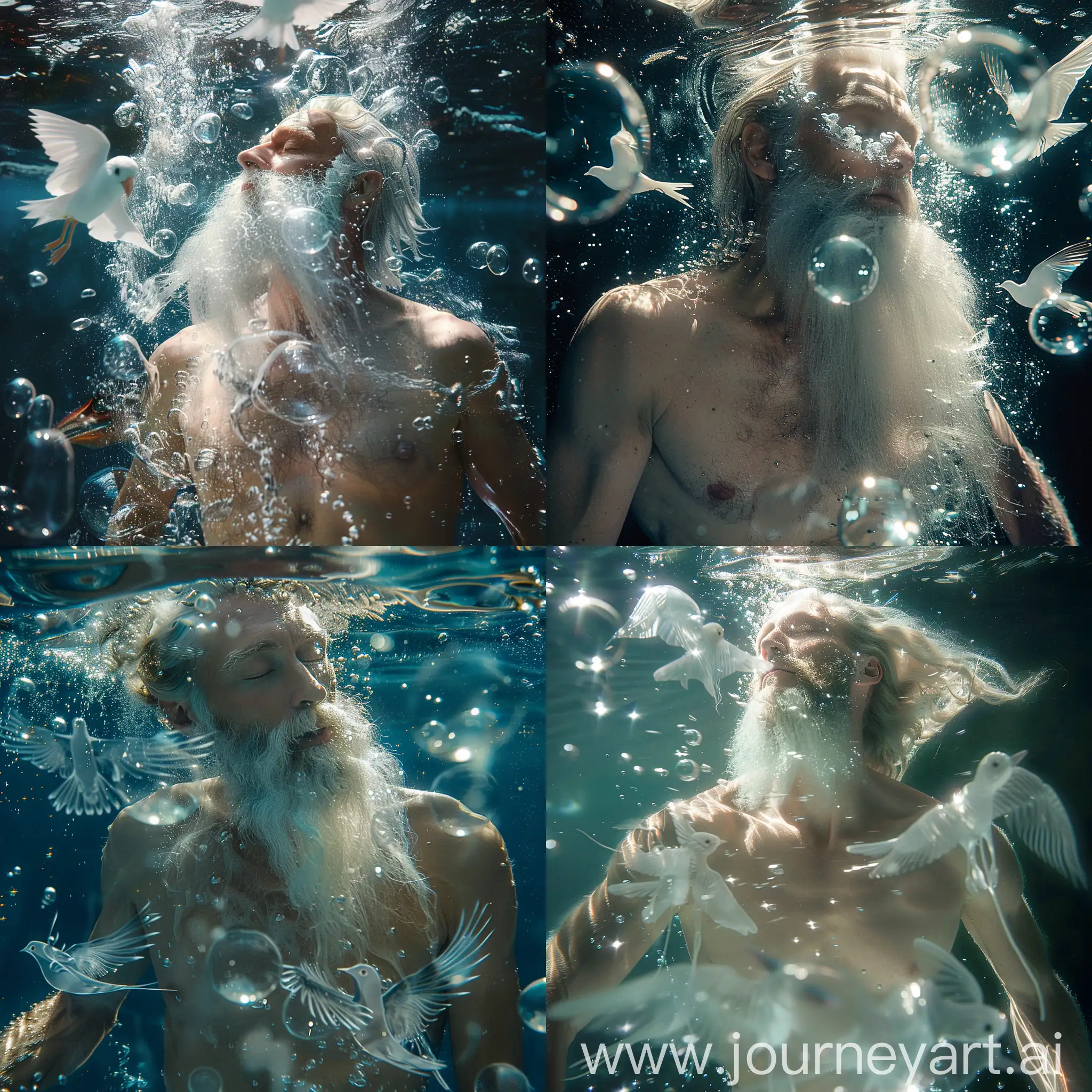 Serene-Aquatic-Moment-Tranquil-WhiteBearded-Man-Underwater-with-Ethereal-Bubbles-and-Transparent-Birds