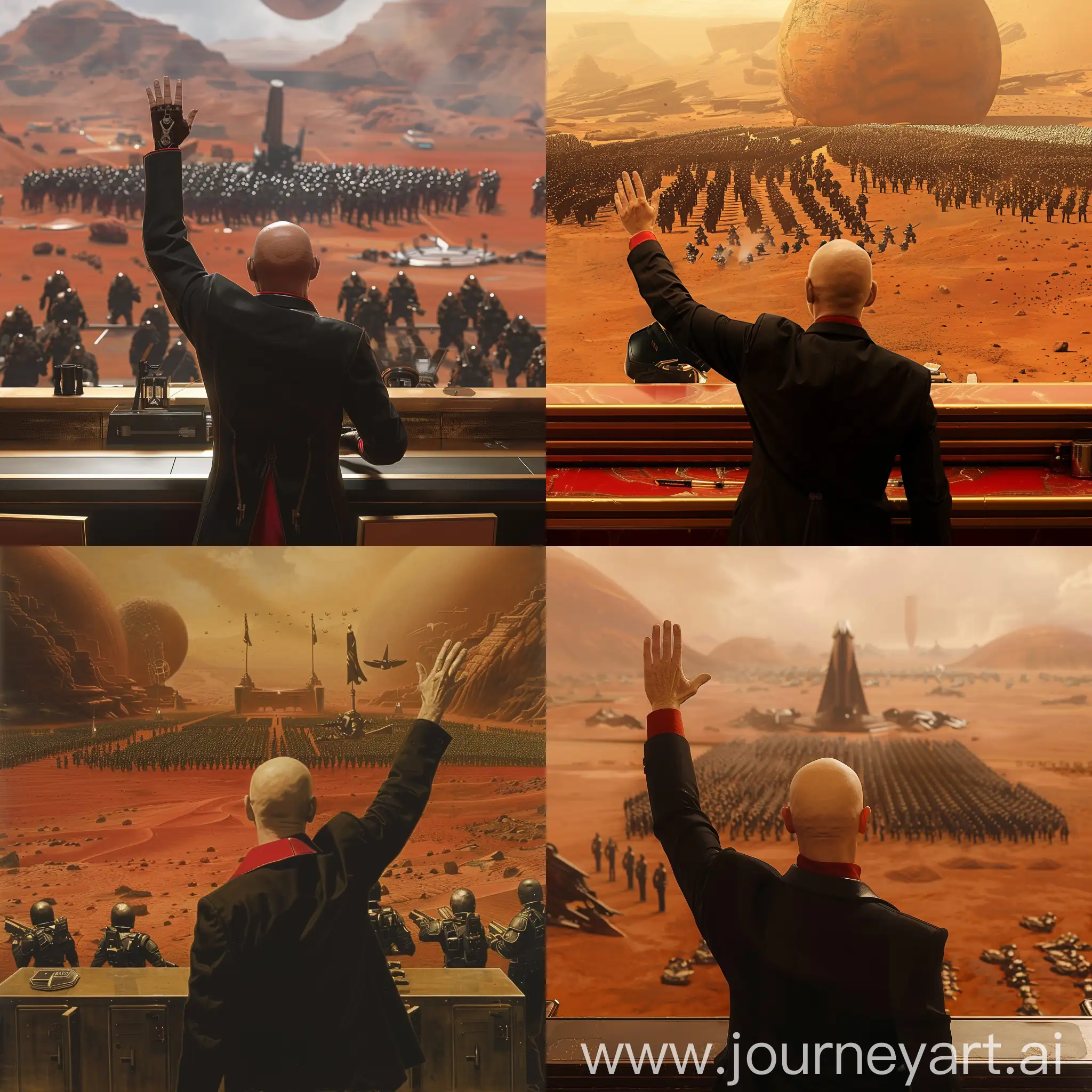 bald noble man in a black suit and red shirt raised his hand up behind the counter in front of a huge army from below on a deserted red planet sci-fi style 