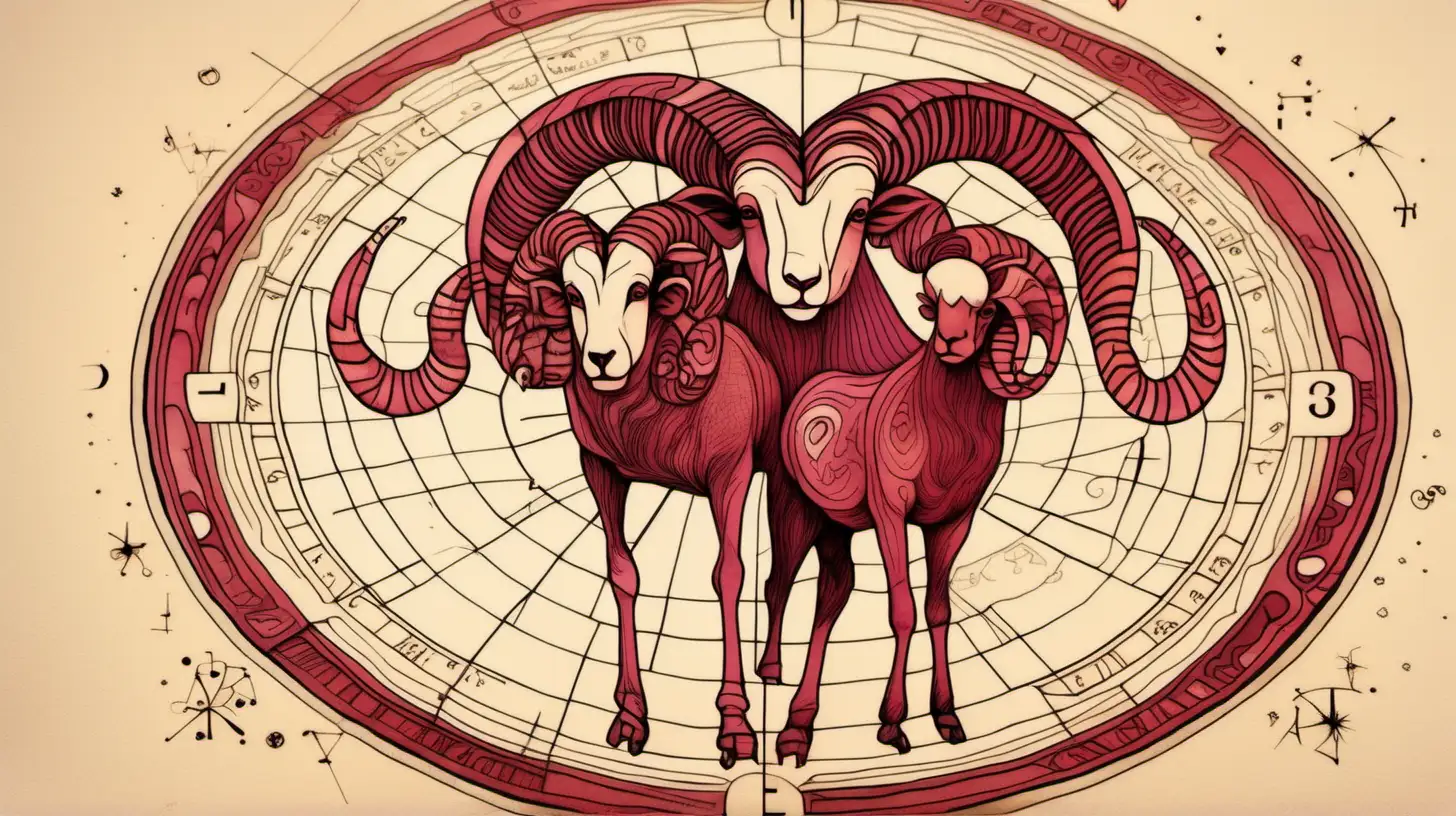 Aries Love Astrological Wheel in Muted Burgundy Etching