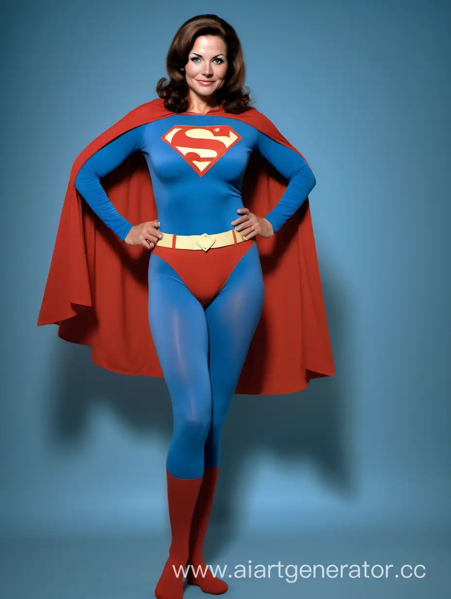 A beautiful woman with brown hair, age 42, She is happy and muscular. She is wearing a Superman costume with (blue leggings), (long blue sleeves), red briefs, and a long cape. Her costume is made of very soft cotton fabric. The symbol on her chest has no black outlines. She is posed like a superhero, strong and powerful. In the style of a 1960s movie.