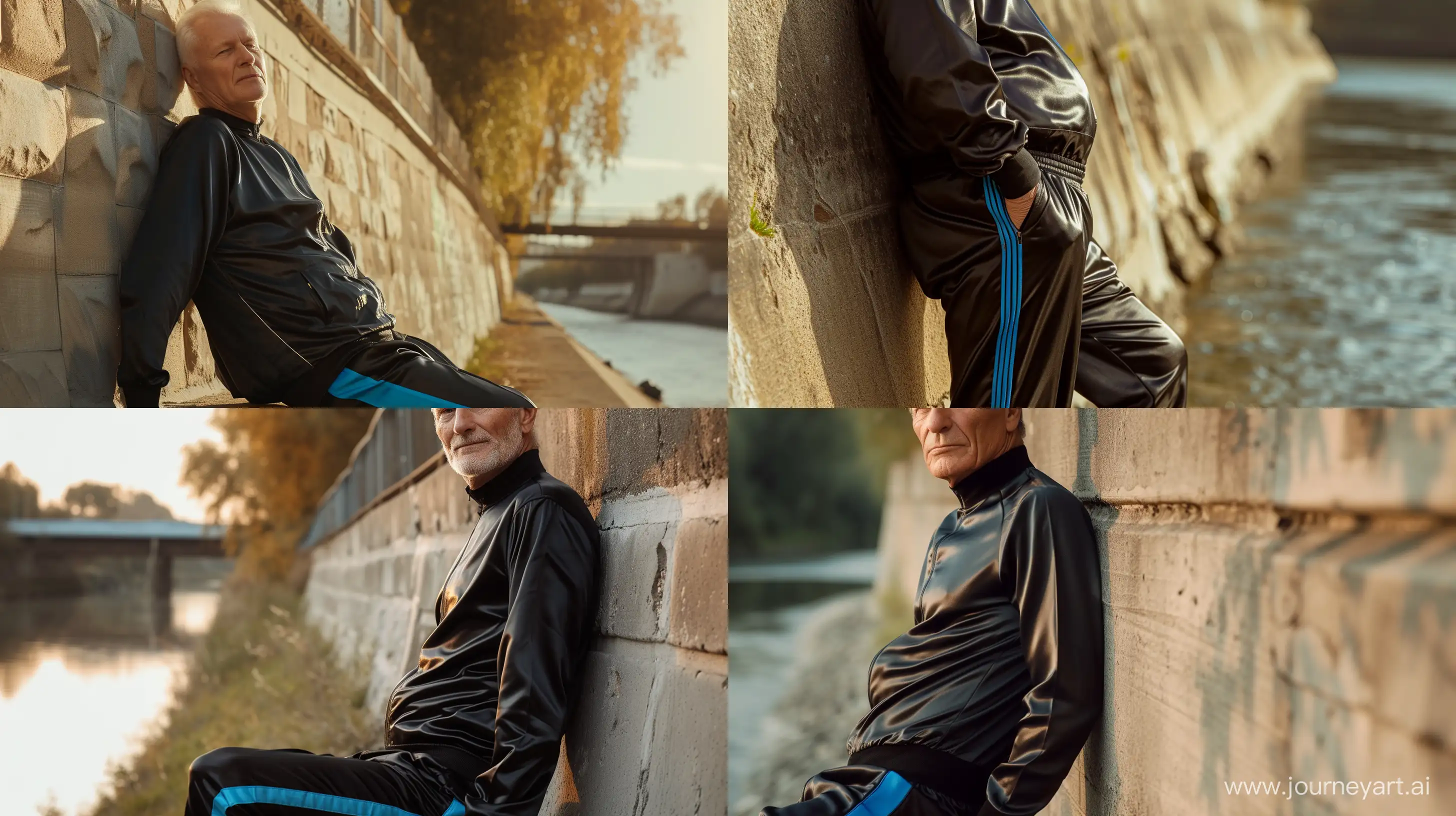 Mature-Man-in-Silk-Black-Tracksuit-Leaning-Against-Riverside-Wall