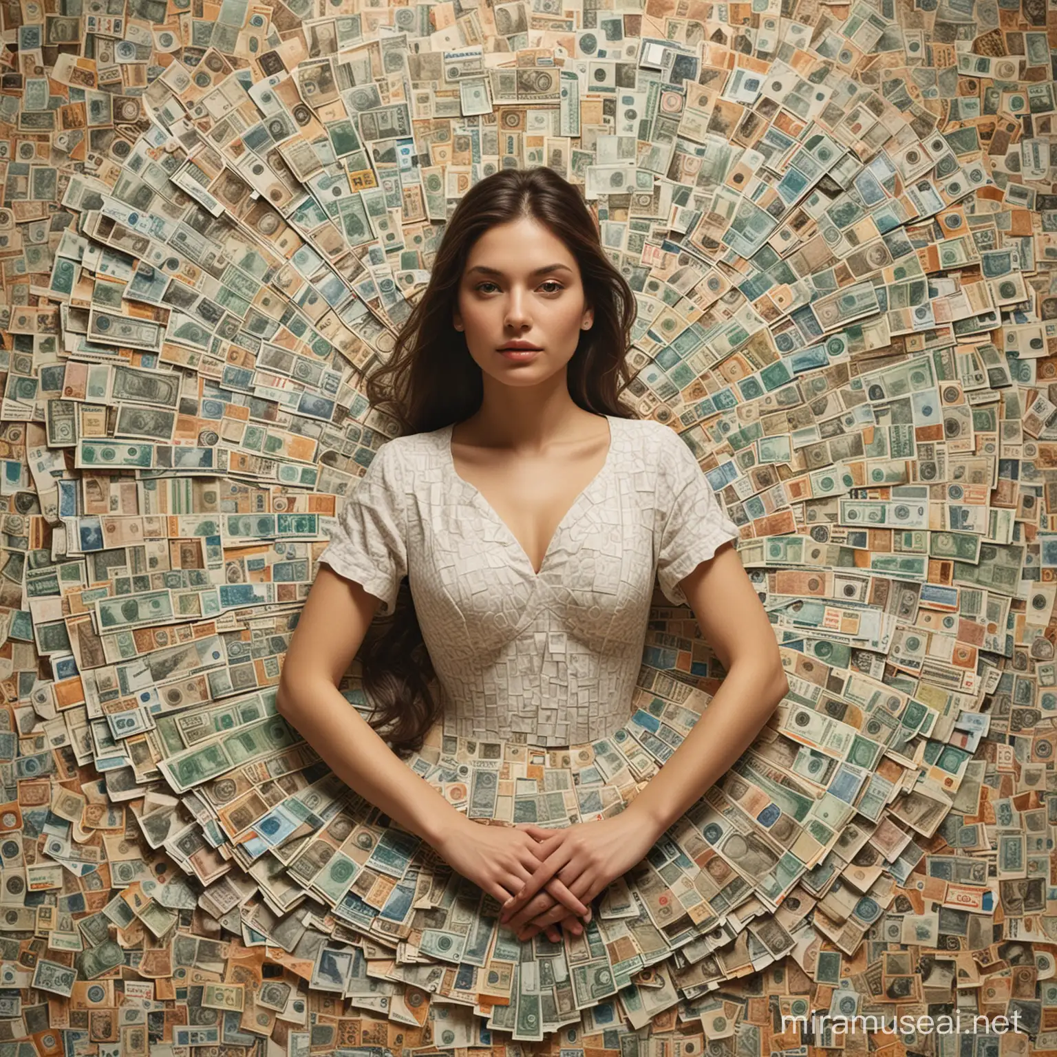 A woman is elegantly depicted within a heart-shaped collage composed of various global currency bills. Each bill contributes its unique design and color palette, coming together to form a vibrant mosaic that symbolizes the diverse and universal allure of wealth. The intricate arrangement of the bills creates a visually striking background that underscores the interconnectedness of different monetary systems and the global nature of prosperity.
The woman, positioned at the center of the heart-shaped collage, radiates confidence and grace. Her arms are raised in a graceful gesture, framing her face and exuding a sense of poise and self-assuredness. She is seamlessly integrated into the composition, with her attire and the background sharing similar hues, creating a visual harmony that suggests a profound connection between individual identity and economic landscapes.
This artistic juxtaposition of the woman within the currency collage serves as a thought-provoking commentary on the complex interplay between monetary value and human essence. By intertwining the concept of wealth with personal presence, the image invites contemplation on the intricate relationship between financial worth and intrinsic worth, highlighting the ways in which economic systems intersect with individual identity and self-worth. Overall, this visually compelling composition offers a nuanced exploration of the intersections between economy and identity, inviting viewers to reflect on the multifaceted nature of wealth, value, and personal expression in a world where monetary symbols and human experiences are intricately intertwined, 32k render, hyperrealistic, detailled.
