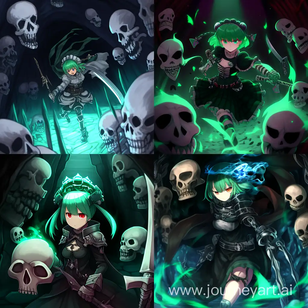 Аниме девушка с зелёными волосами является авантюристом и находится в тёмном подземелье где сражается с ордой скелетов и монстров