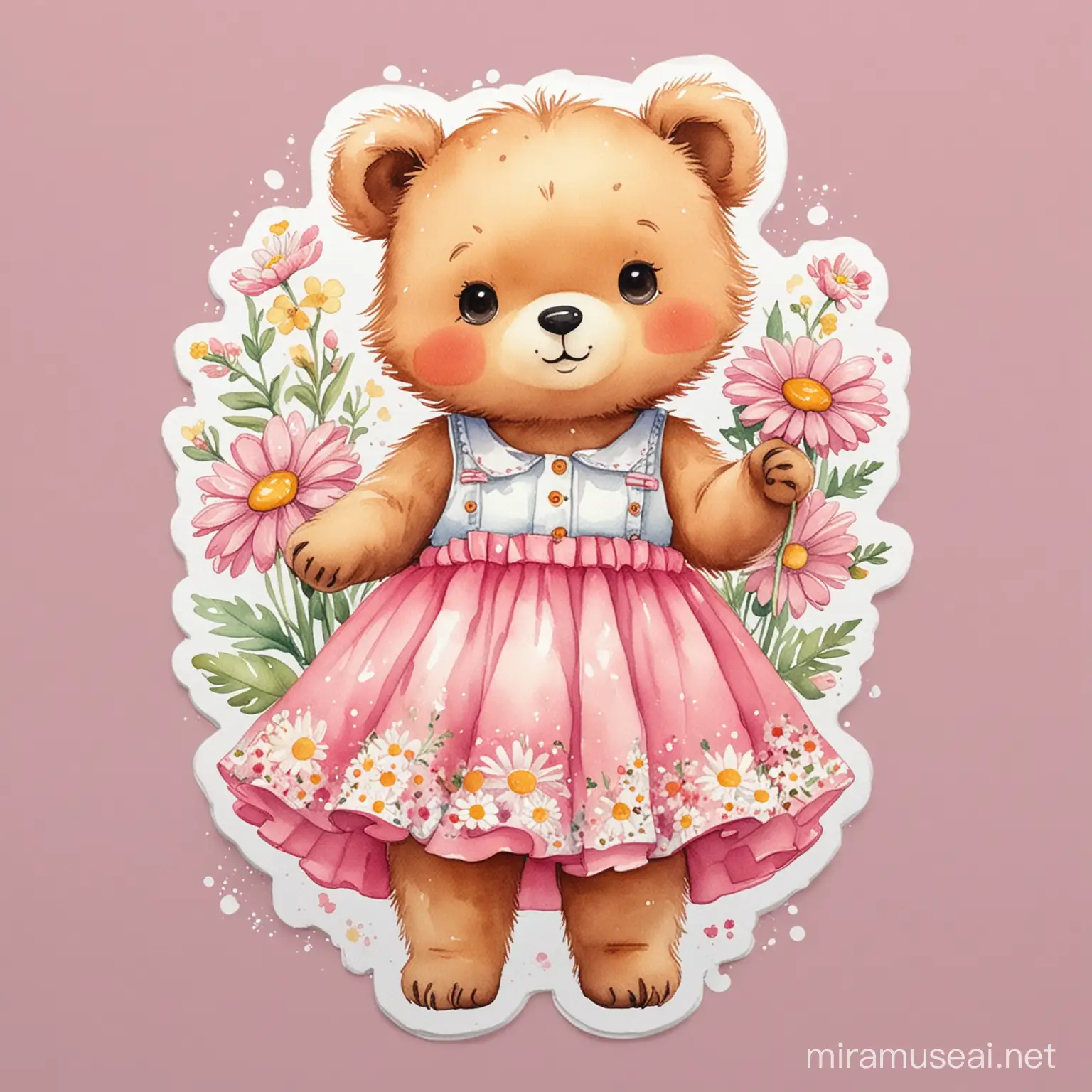 A higher quality watercolor illustration sticker of cute female bear in pink skirt , daisy flowers in hand , in standing position,  watercolor painting style format 