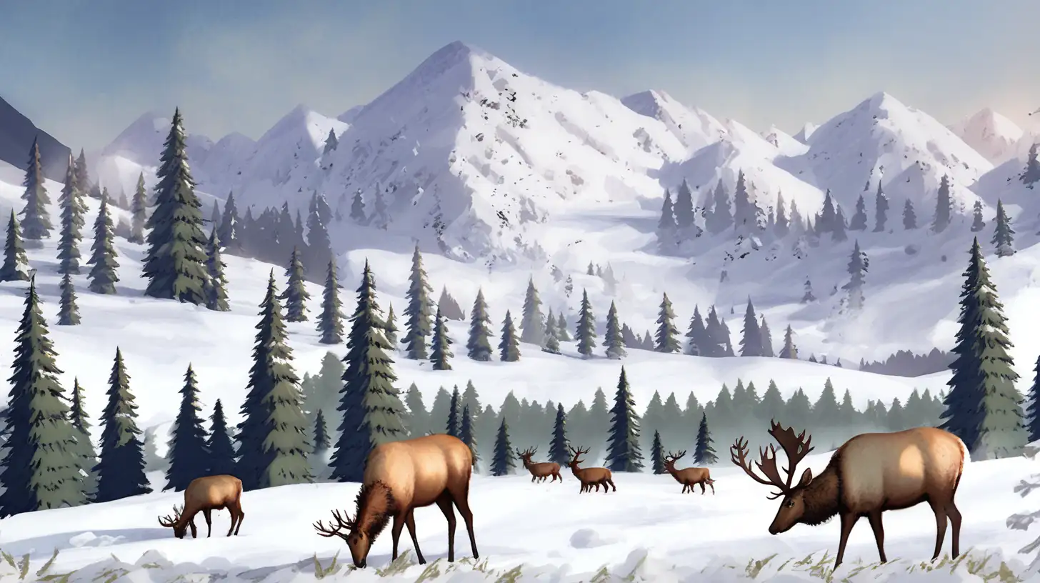 mountain valley, snow topped peaks, fir trees, elk grazing.