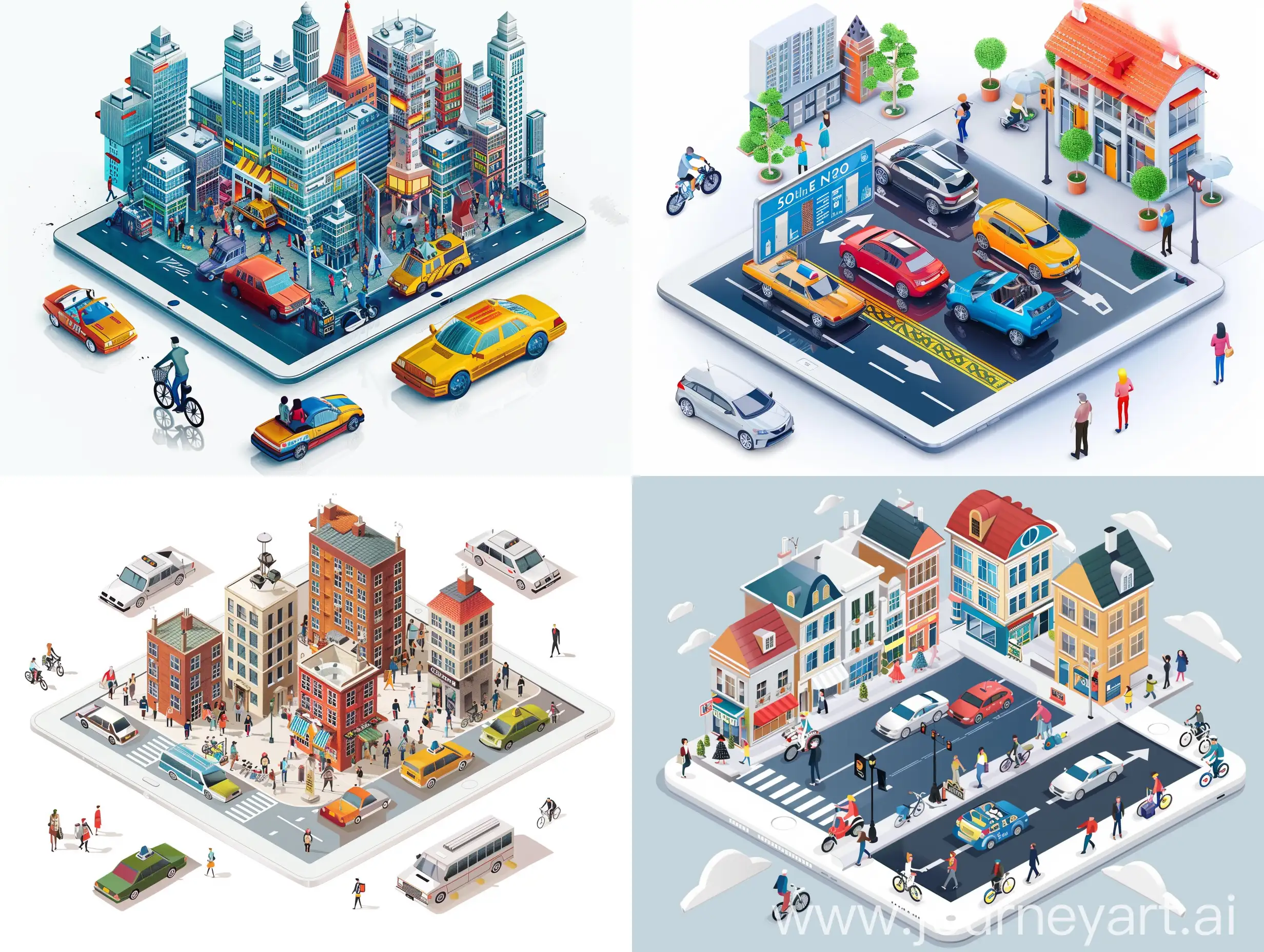 ISOMETRIC VIEW tablet CITY, buildings, CARS, BIKES AND PEOPLE