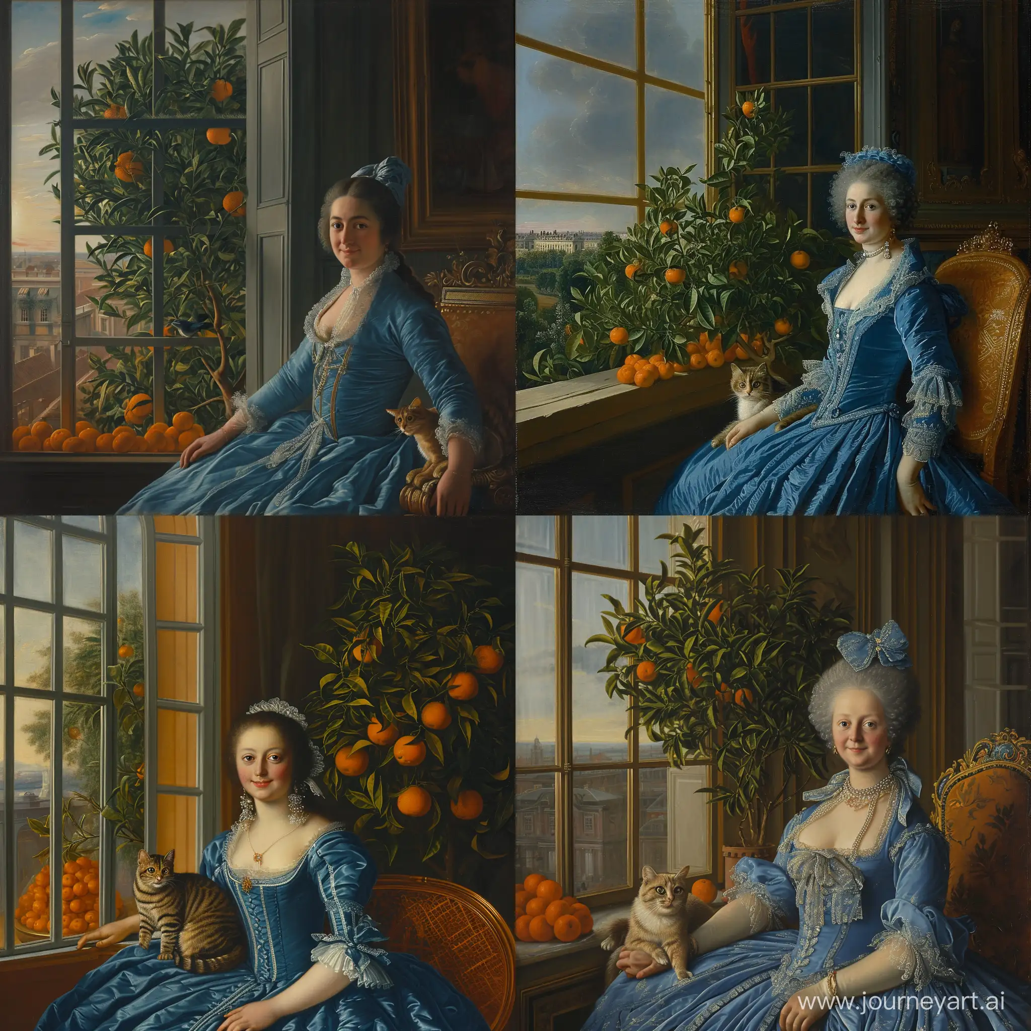 Oil painting portrait by Elisabeth Louise Vigée Le Brun of a spanish lady wearing blue fashionable in 1775 dress sitting near a window with a cat on her lap, high class interior visible in the back, orange tree with oranges visible trough the window