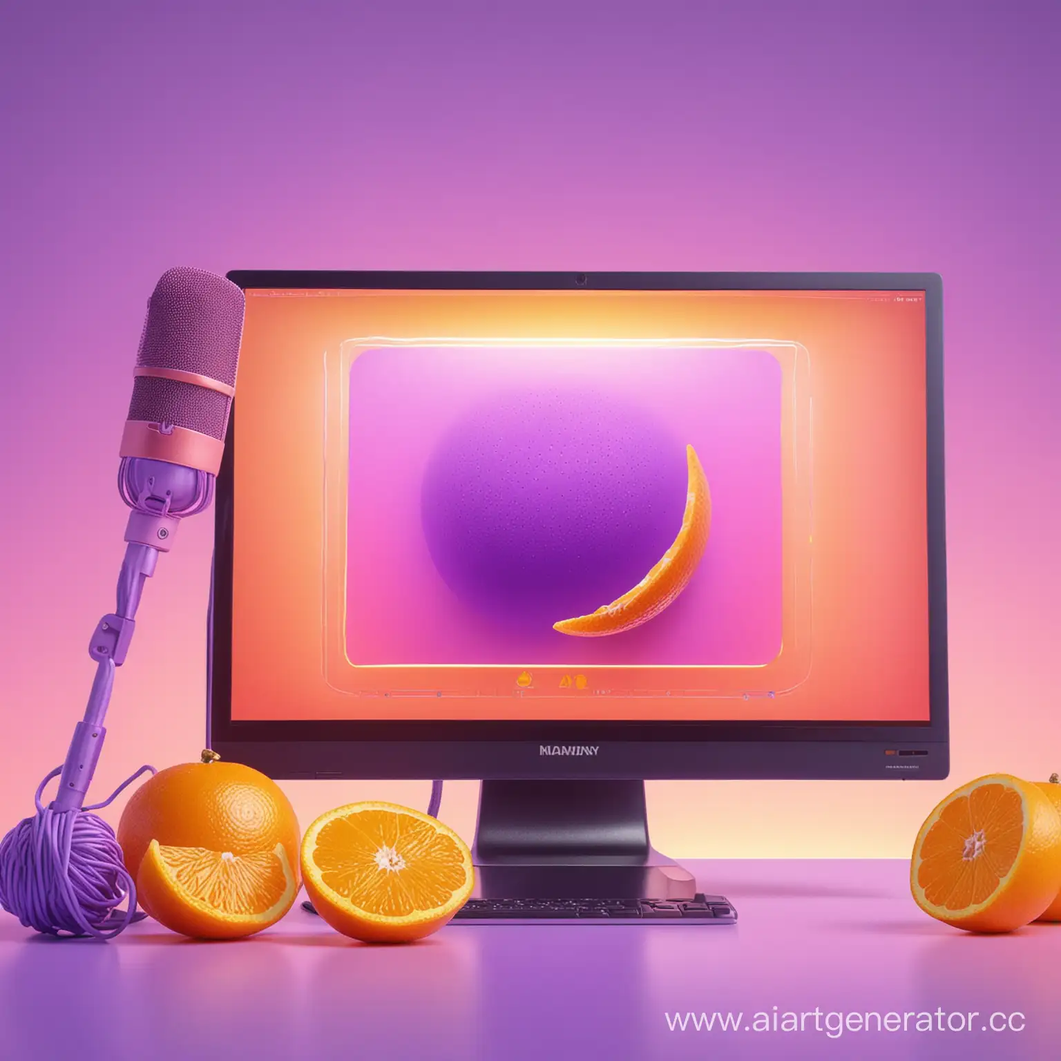 сочный оранжевый с желтым мандарин и дольки мандарина  на фоне монитора компьютера микрофона фон неоновый с сиреневым градиентом. красиво эстетично вызывает желание съесть гипер детализация, гиперреалистично, 4d