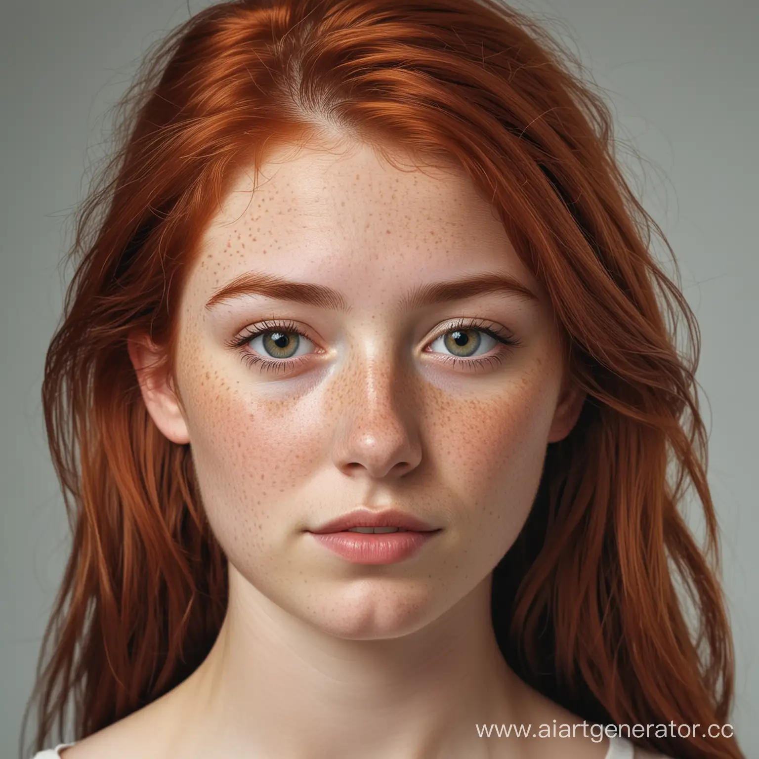 Сгенерируй изображение молодой девчушки лет 17 с рыжими волосами и веснушками.