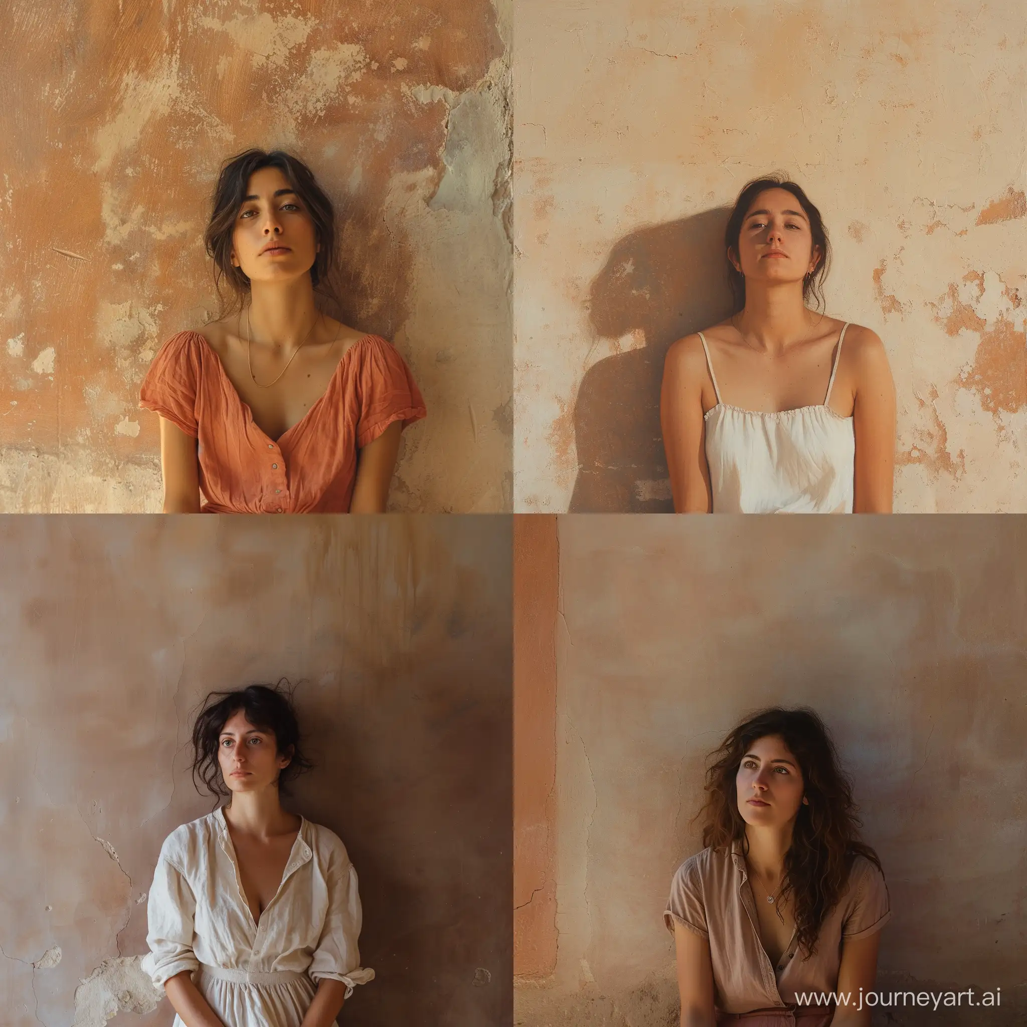 Full body height photo of a 40 years old, Sicilian woman, in front of a brownish flat wall, melancholic eyes, ethereal expression, eye contact, eye contact, cinematic lighting, summer daylight, shot with CineStill 50::2, in the style of Euan Uglow::2