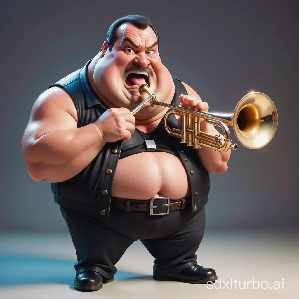 un musicien un peu gros, de 57 ans, avec un catogant, jouant de la trumpette, ayant le look de steven seagal, la photo doit etre traitée façon cartoon de style pixar