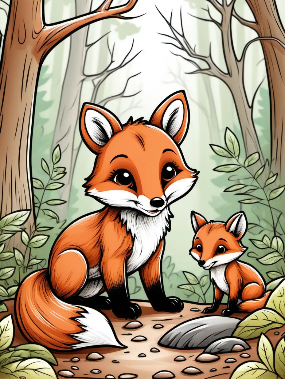 color, children's color page, simple, line art, woodland setting, baby fox, bear, chipmunk
