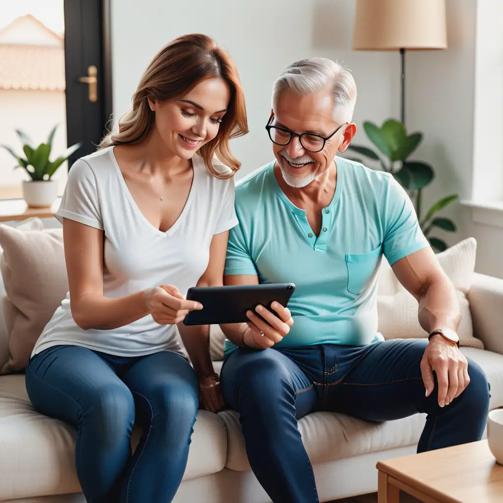 Depict an older couple using a mobile app provided by their insurance company to manage their policy and file claims. They are seated comfortably at home, The woman wears a casual blouse with a subtle hint of cleavage, paired with form-fitting jeans, while the man rocks a snug-fitting t-shirt that accentuates his muscular build. As they interact with the app on a tablet device, their contemporary fashion choices and savvy demeanor highlight their comfort with digital tools and services. Showcase the convenience and accessibility of digital insurance services tailored for seniors, with subtle branding integrated into the app interface.