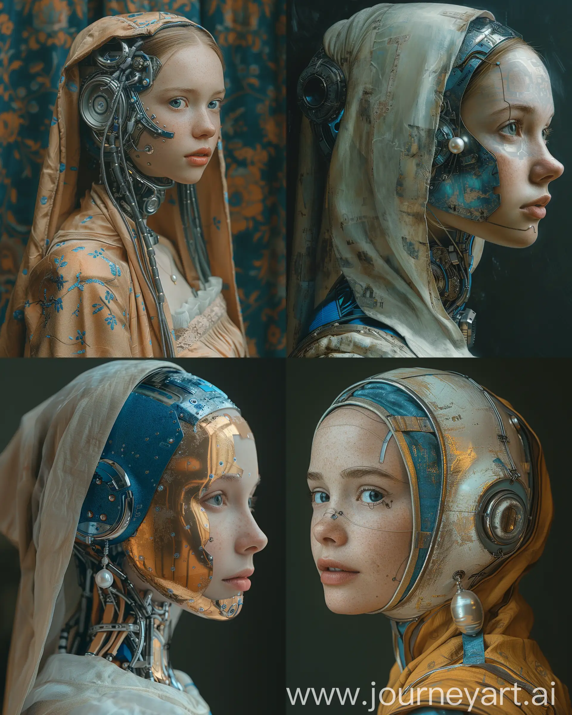 portrait of the girl with the pearl earring, inspired by vermeer's classic artwork of the girl with the pearl earring, reimagined as a cyborg, robot,  half the face is android, creating a hyperpunk scene with metal and blue details, --ar 4:5 --s 850 