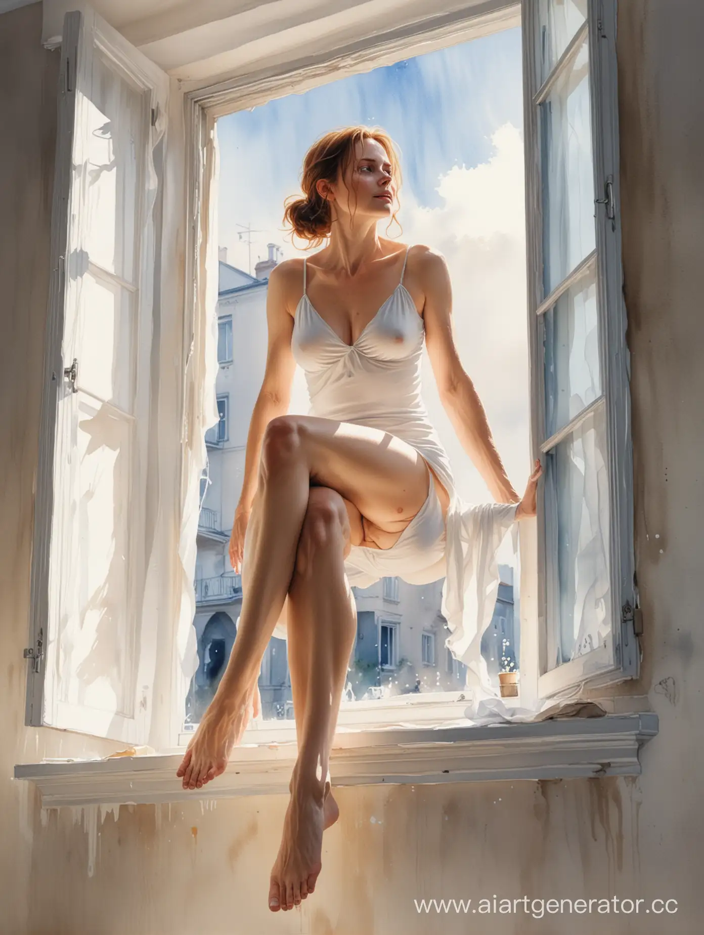 Ethereal-Watercolor-Delicate-Woman-Urinating-by-Open-Window