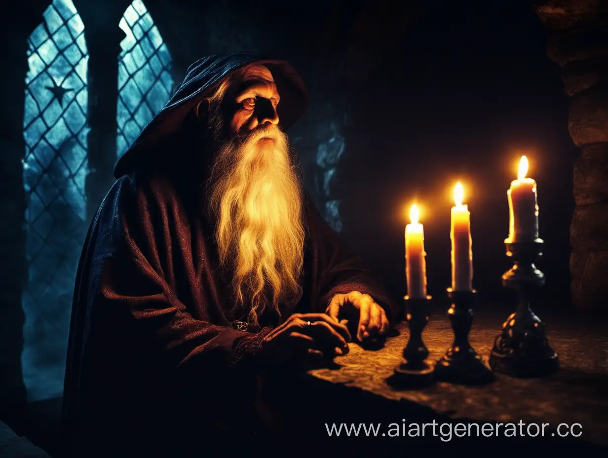 old bearded wizard with candle in dark medieval castle at night, infront of the window, HD