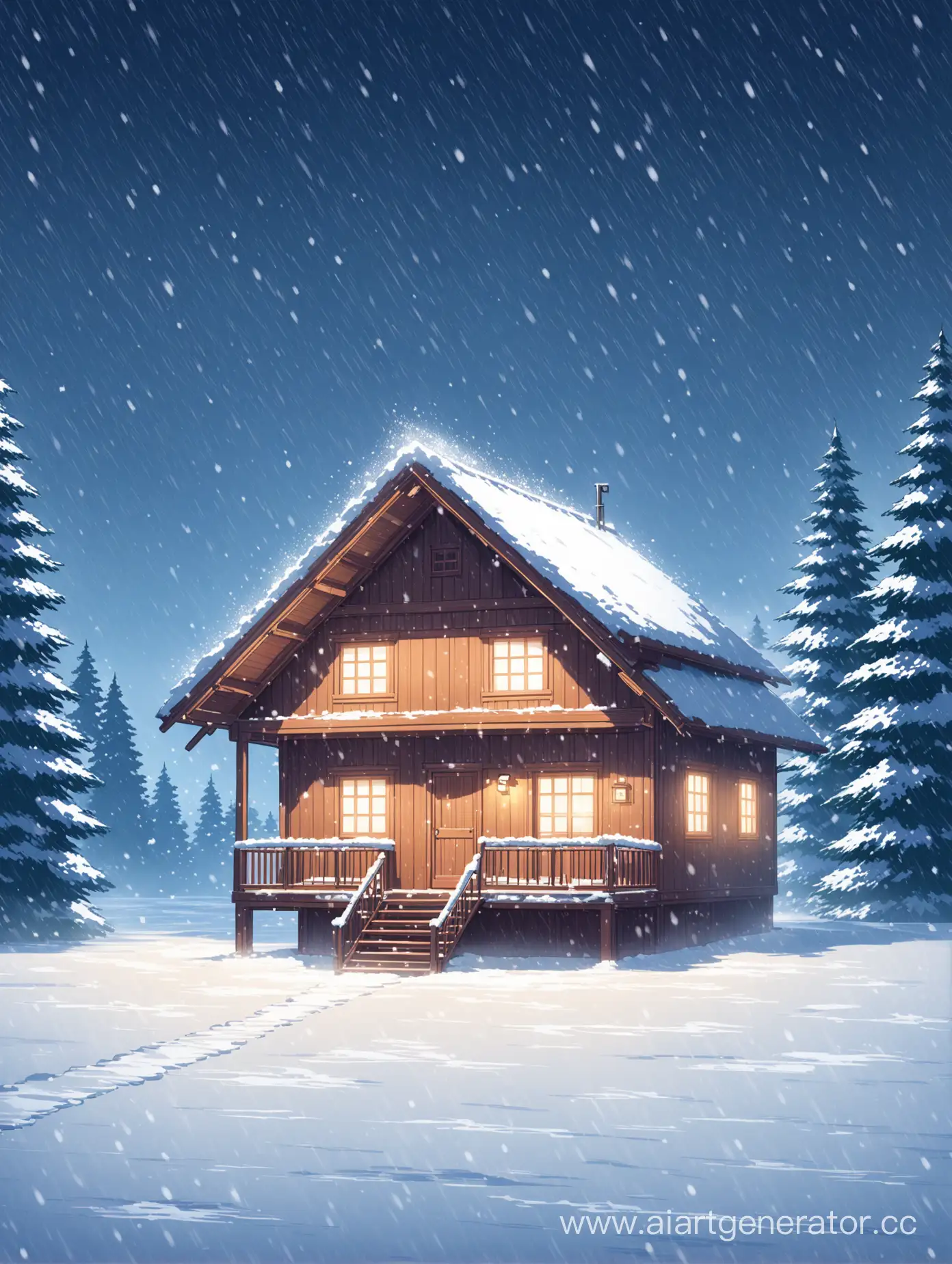 Wooden house, small, it's snowing, blizzard, anime style