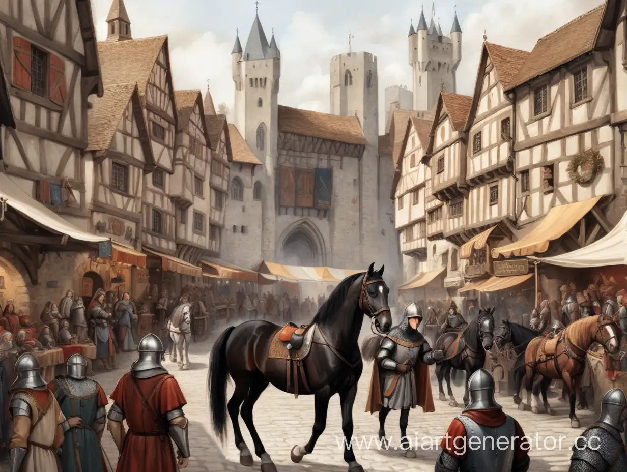 background, middle ages,city crowd, colour sketch, horse in the middle, blach horse,medieval market