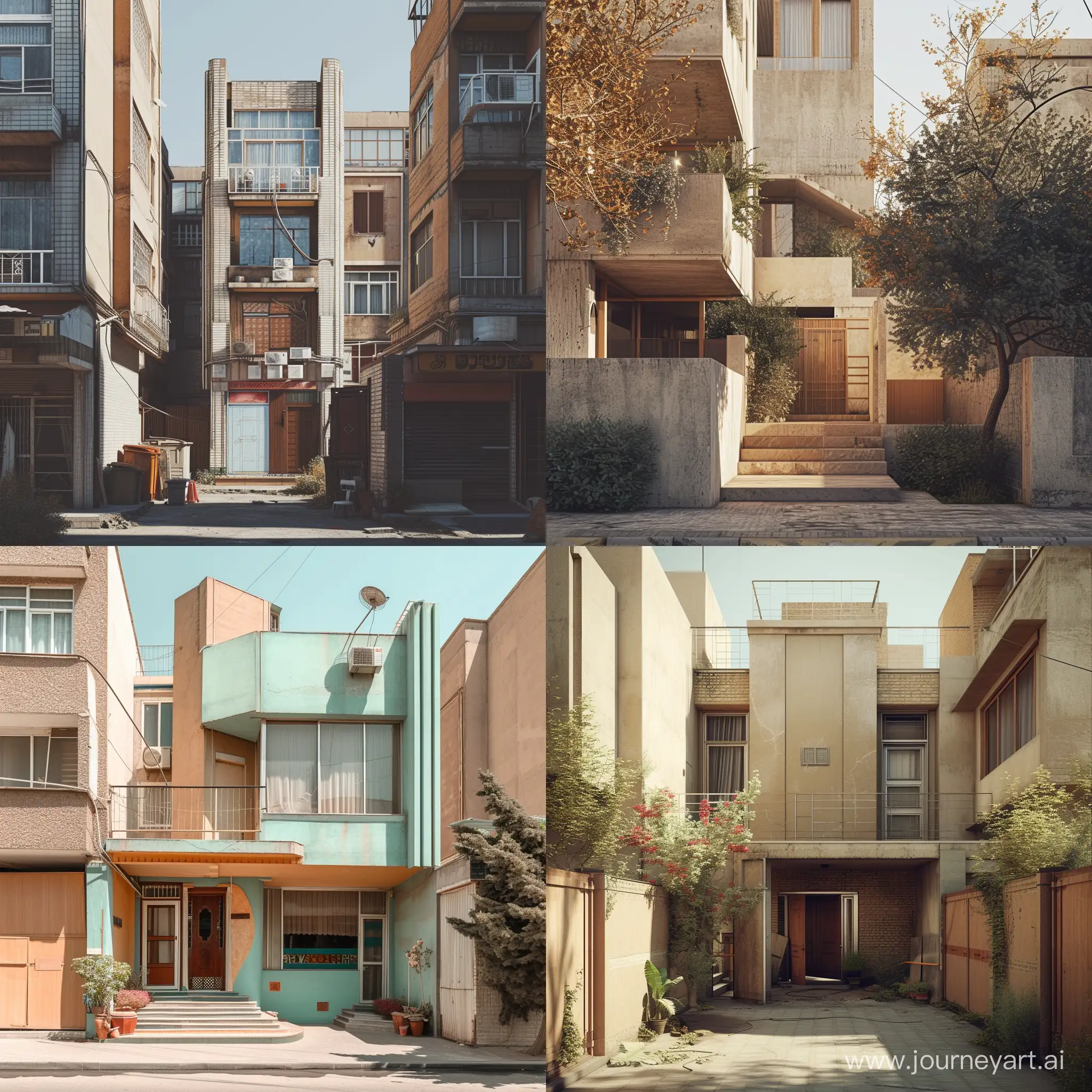 A collage architecture in the urban space of Tehran. Changes should not be exaggerated. This collage-like architecture can be seen in buildings. Focus on the entrance of houses. Collage can be an inoculation of futurist architecture and brutalist style of Africa. The output should be displayed like a realistic photo.