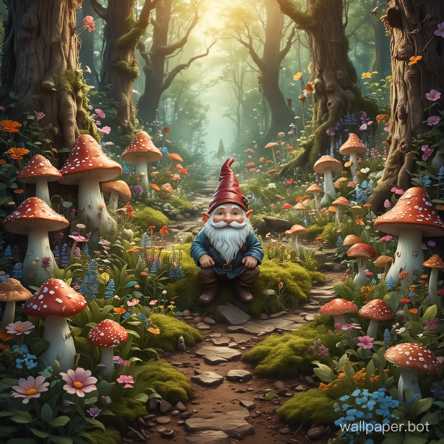 Fantasy forest with gnome flowers, mushrooms and plants in artsy style