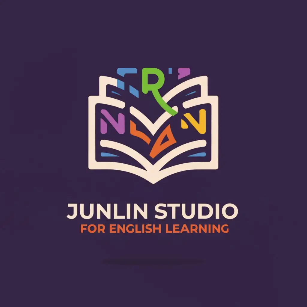 a logo design,with the text 'JUNLIN STUDIO, FOR ENGLISH LEARNING', main symbol:ENGLISH BOOK WITH LETTERS, FOUNDATION, PURPLE BACKGROUND, Moderate, be used in Education industry, clear background