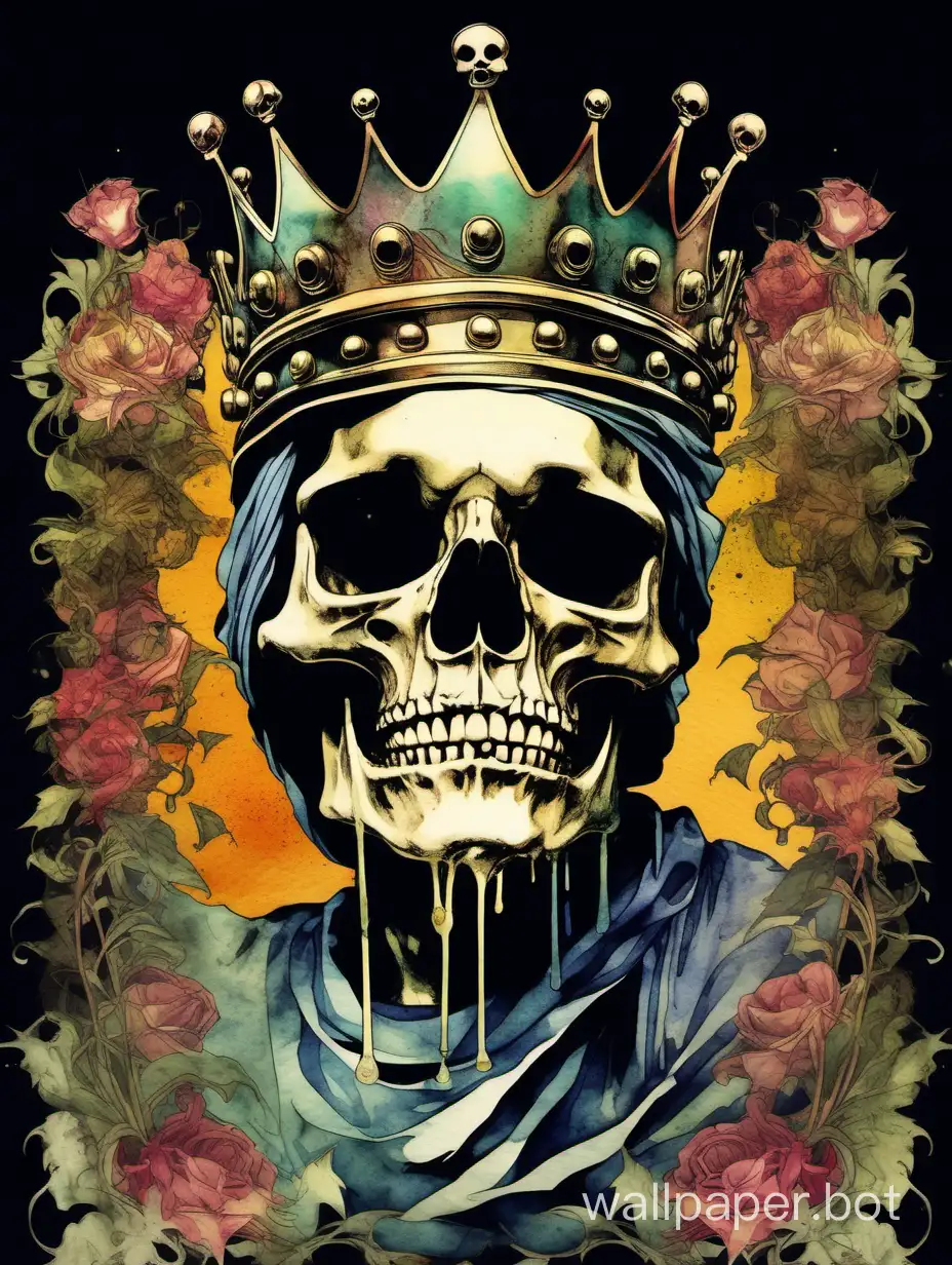 laugh blindfolded skull wearing a drippin crown, ornamental, avant gard, explosive watercolor, alphonse mucha, william morris, hipercolored, highcontrast, hiperdetailed poster, dark, high contrast,