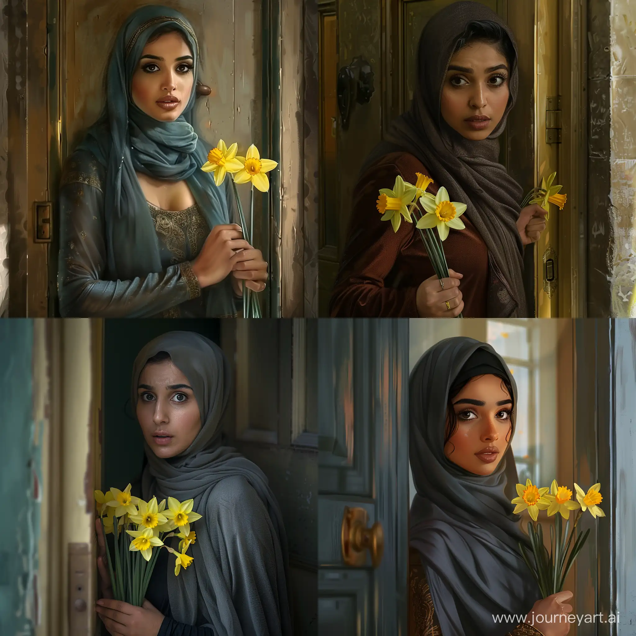 Una arabe bella musulmana, de 30 años de edad, con una mirada preocupada, está parada en la puerta esperando a alguien, con flores de narcisos en la mano.