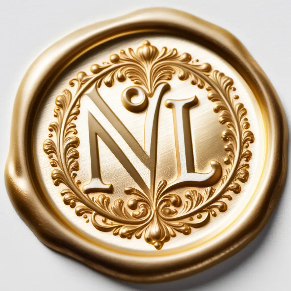 gold wax seal with the lowercase letters nl engraved in the center, white background, no other flourishes