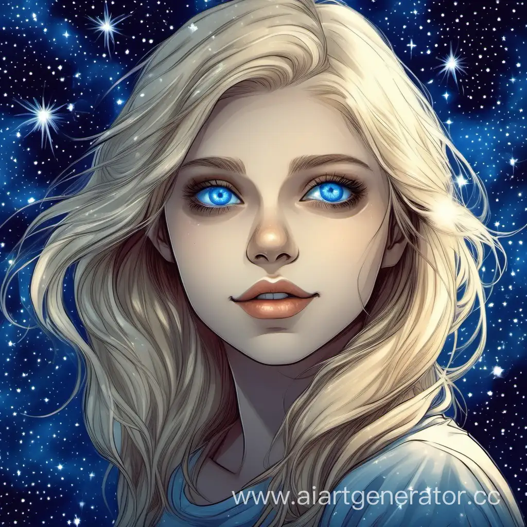 Голубоглазая русая девочка на фоне звездного неба