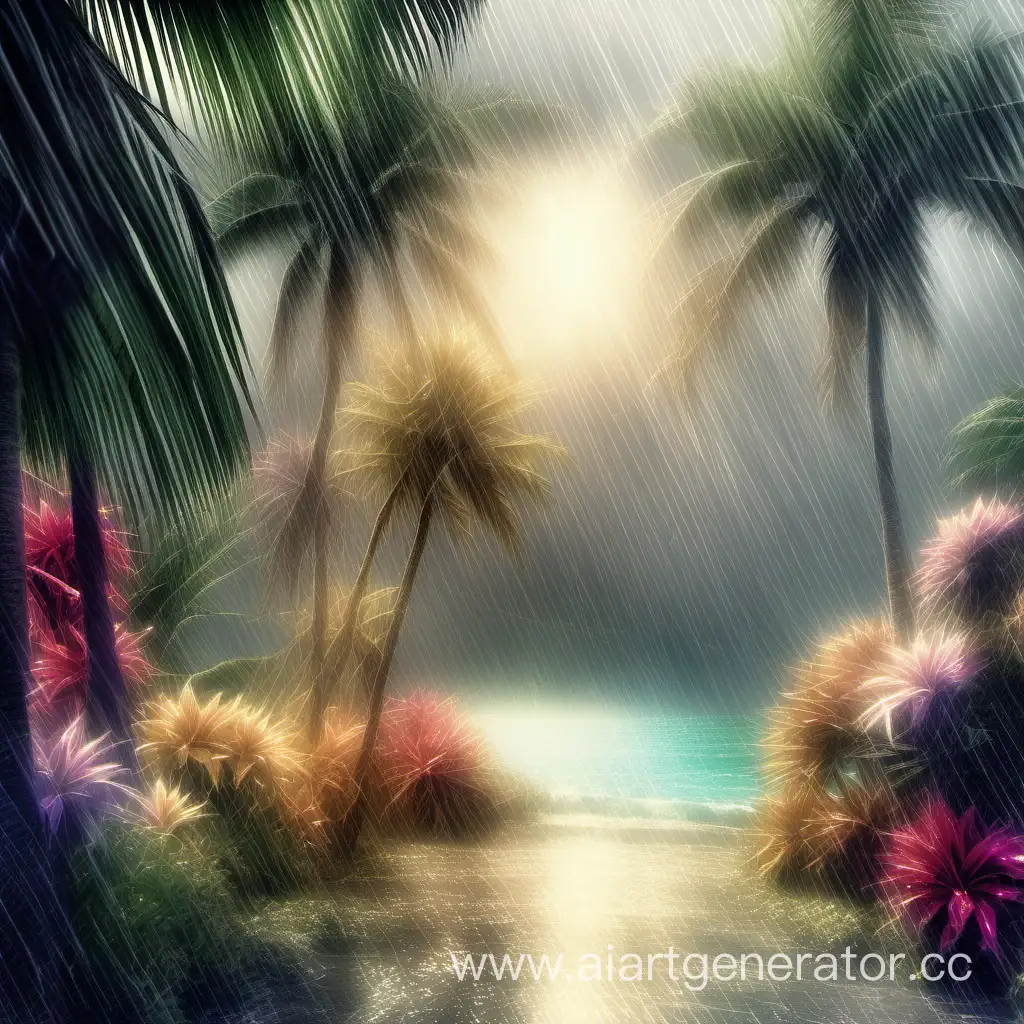 rain on the tropical coast, sun rays, downpour, palm trees, flowers of paradise, voluminous watercolor, ink, hyperrealism, photo elegance, delicate, filigree, pastel colors, light, hyper-detailed, fantasy, dark botanical, high resolution, backlight, fantasy, fractal octane render glitter lumen realistic, bright lighting