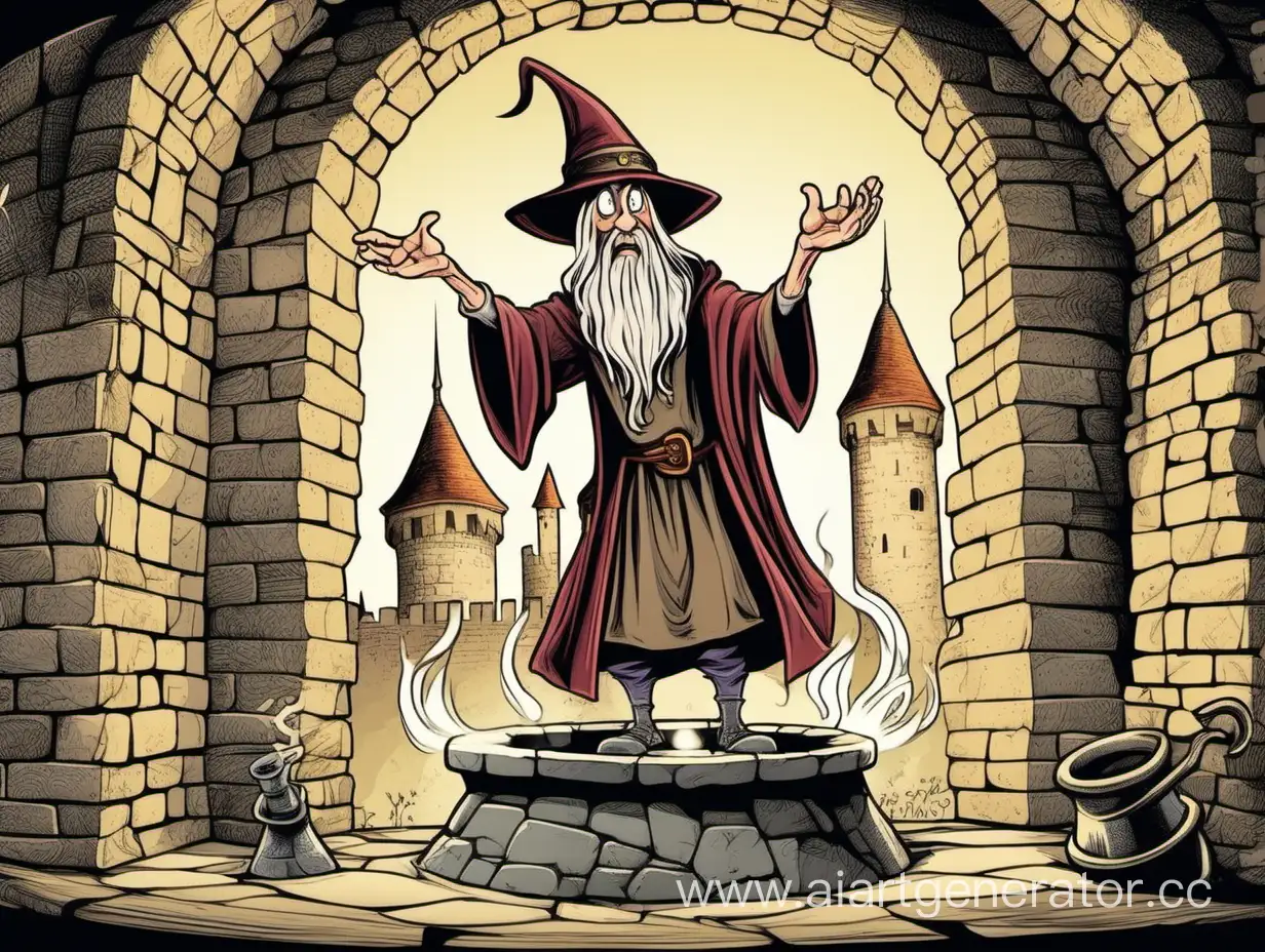 Cartoon-Sorcerer-Bewildered-by-Enormous-Mortar-in-Castle-Setting