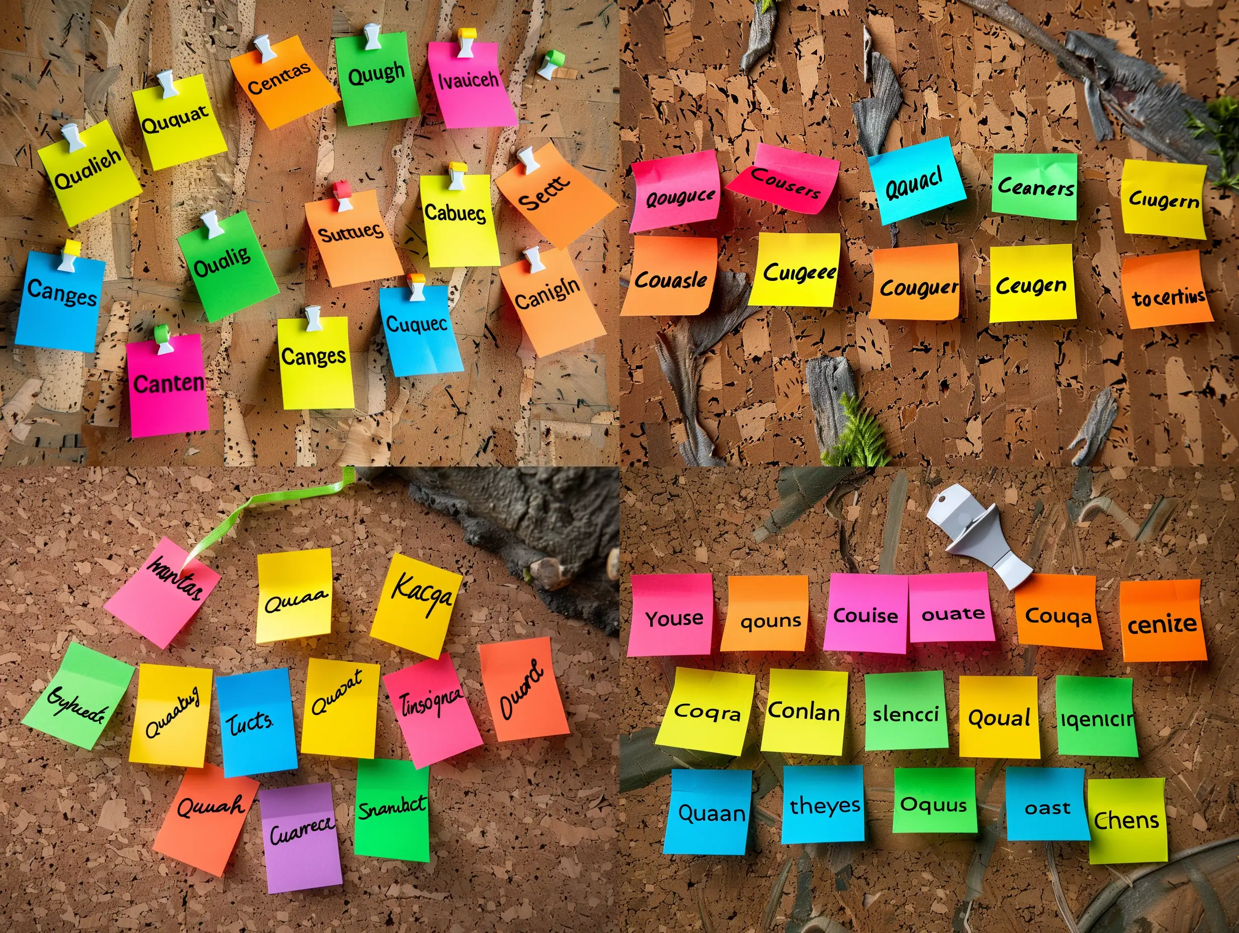 Vibrant-Postit-Notes-on-Cork-Board-Highlighting-Quality-Convenience-and-Sustainability
