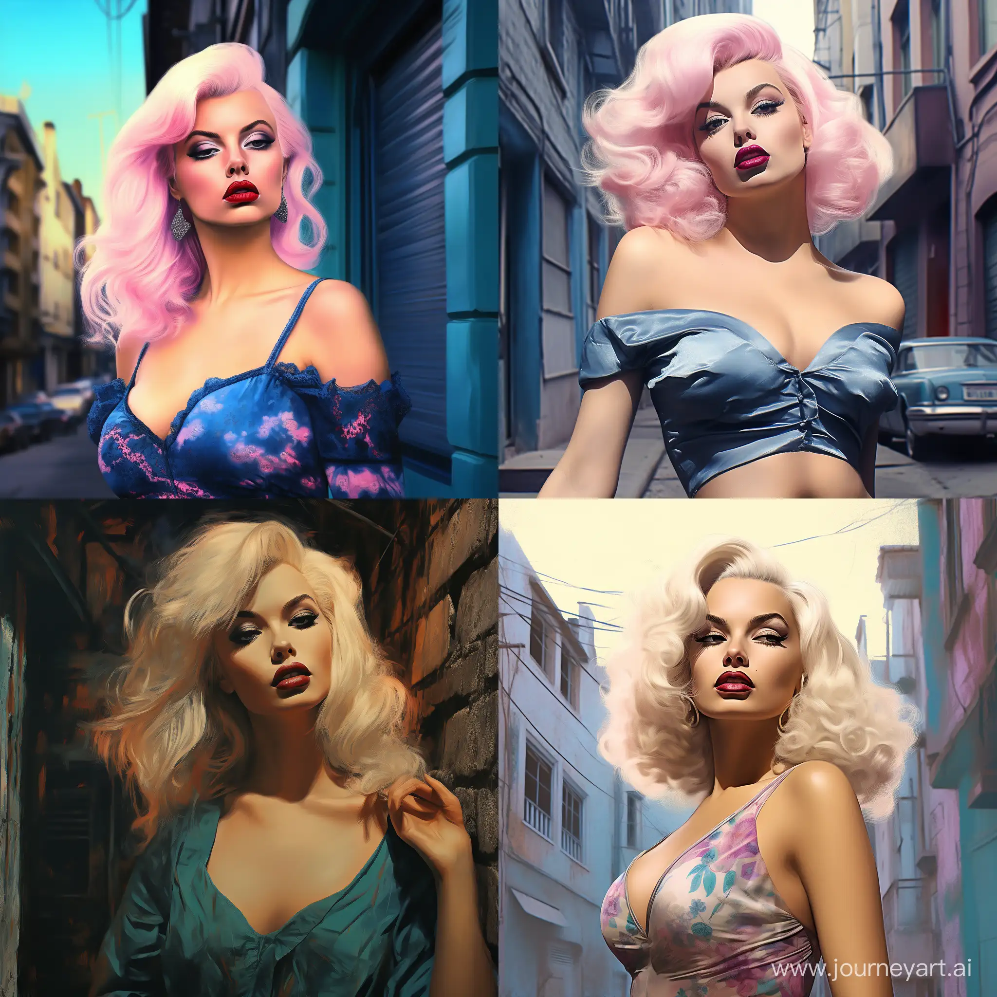 Jayne Mansfield, lost in a 18th century street, digital painting, synthwave, by Vincent van Gogh and Tim Burton, realistic