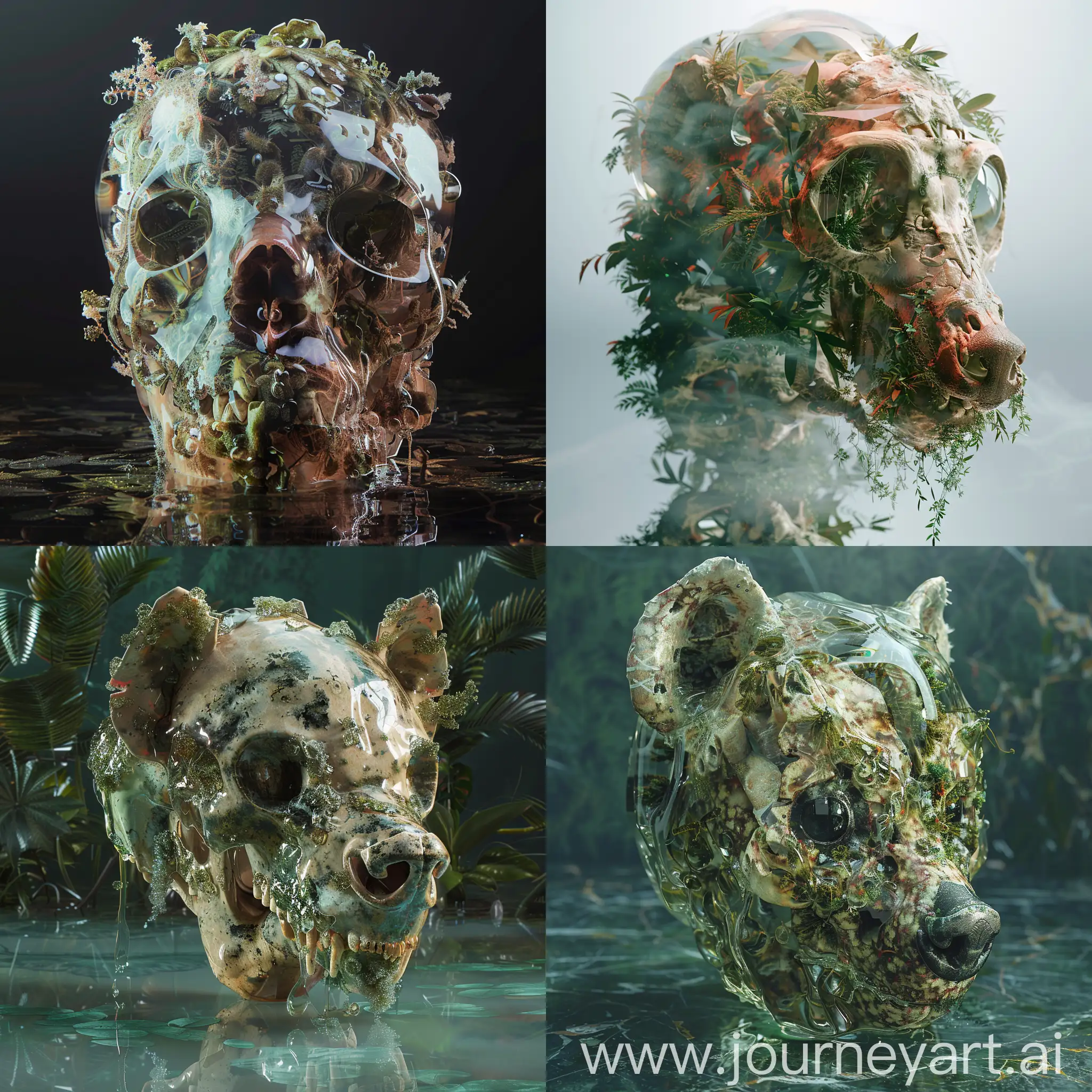 translucent water that capture cryptid sculptures covered in hallucinogenic asian jungle vegetation covered in Calmness prism front full-face LEVITATING view,in the sty of detailed and macabre, detailed atmospheric portraits, organic material, fashion editorial, couture fashion design made out of and translucent Achrioptera fallax shogun hyena skull in studio light, 8k octane rendering, high-resolution photography, insanely detailed, fine details, professional color grading